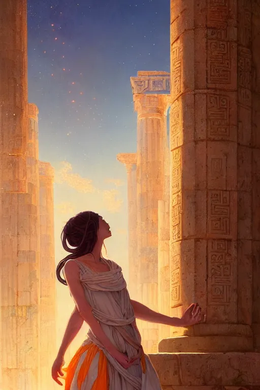 Prompt: high detail portrait, screaming woman wearing an ancient greek yellow paper tunic, stephen bliss, fantasy art by greg rutkowski, rhads, ferdinand knab, makoto shinkai and lois van baarle, ilya kuvshinov, rossdraws, tom bagshaw, global illumination, radiant light, ancient greek temple ruins, orange and blue color theme