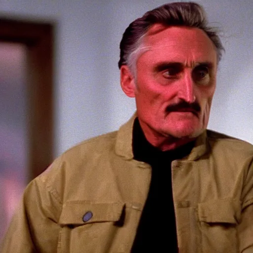 Prompt: Film still of Dennis Hopper in Twin Peaks (1990), evil spirit in the Black Lodge from Twin Peaks (1990 tv series)