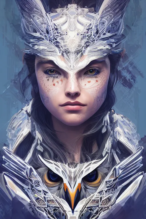 Image similar to symmetry!! portrait of woman with owl features in the style of horizon zero dawn, machine face, intricate, elegant, highly detailed, digital painting, artstation, concept art, smooth, sharp focus, illustration, art by artgerm and greg rutkowski and alphonse mucha, 8 k