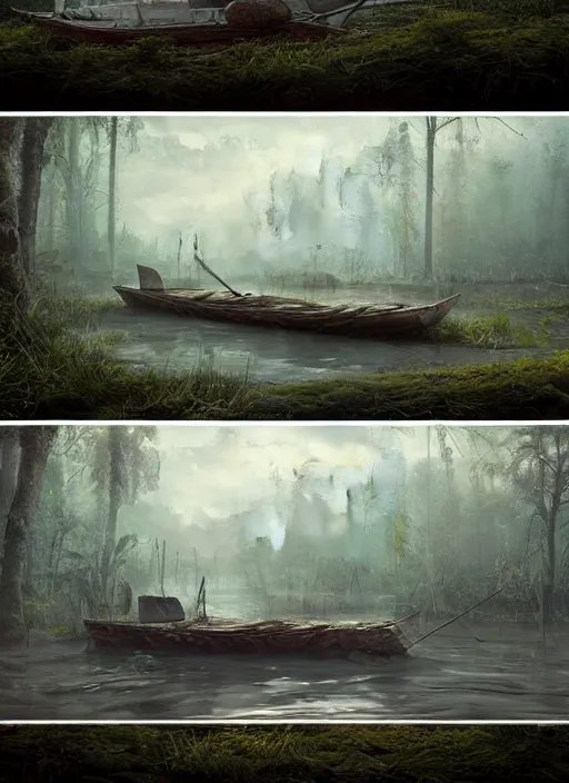 Image similar to painting of a boat in a swamp, a detailed matte painting by senior environment artist, cgsociety contest winner, fantasy art, concept art, matte painting, cryengine