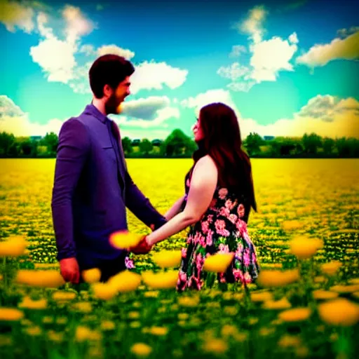Image similar to a couple holding hands in a field of flowers, symmetrical face, beautiful, vfx, photo realistic, 8 k, aesthetic