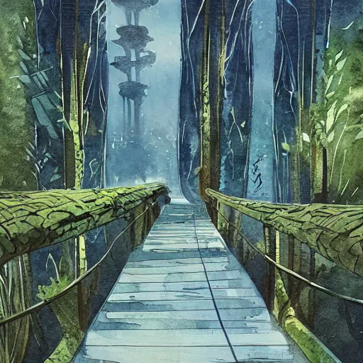 Prompt: Wooden footpath next to water in beautiful overgrown futuristic sci-fi city in harmony with nature. Nice colour scheme, soft warm colour. Beautiful detailed watercolor by Lurid. (2022)