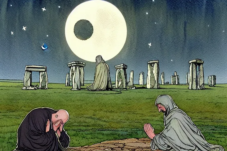 Prompt: a realistic and atmospheric watercolour fantasy concept art of a metallic ufo landing in a large stonehenge. medieval monk in grey robes on his knees praying. a crescent moon in the sky. muted colors. by rebecca guay, michael kaluta, charles vess and jean moebius giraud