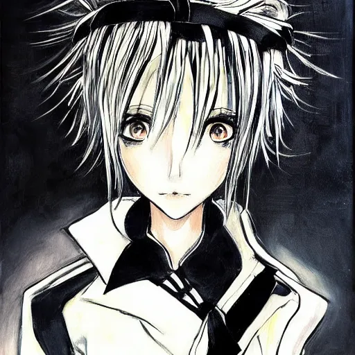 Prompt: Character design of an anime girl with short white hair and black eyes wearing three piece suit in the style of Yoshitaka Amano, abstract black and white background with lines, film grain effect, highly detailed, oil painting with broad brush strokes