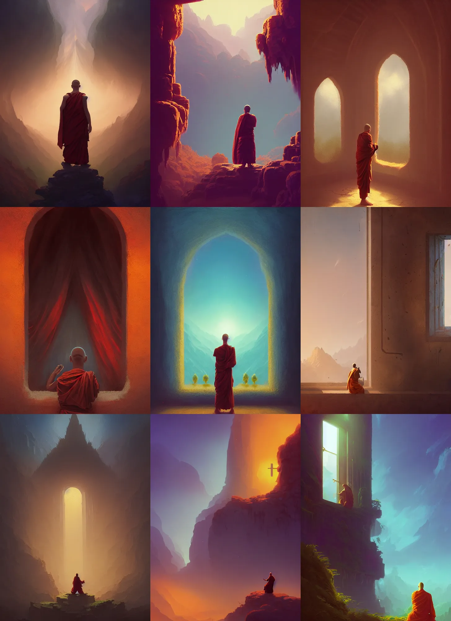 Prompt: a monk standing behind a window, waiting to enter Valhalla, Alena Aenami, Petros Afshar, Noah Bradley, Anton Fadeev, Anato Finnstark, Steve Henderson, Filip Hodas, Mark Keathley, Thomas Kinkade, Phil Koch, Gilbert Williams, Mike Winkelmann, Beeple