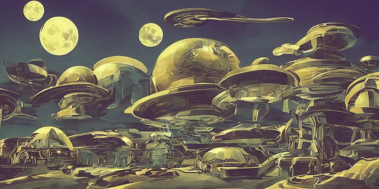 Image similar to surreal art deco designs, sci fi scene, alien landscape, flying saucer and moon rover