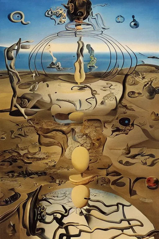 Image similar to surrealist painting by dali full of subtle hints, mystic characters and misleading perspectives, ultrastation hq, 8 l, hyperrealistic, very highly detailed