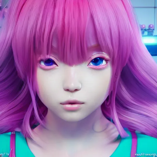 Image similar to stunningly beautiful omnipotent anime goddess with smooth porcelain skin, pink hair and mesmerizing cyan eyes, symmetrical, frog's perspective, unreal engine 5, 8 k