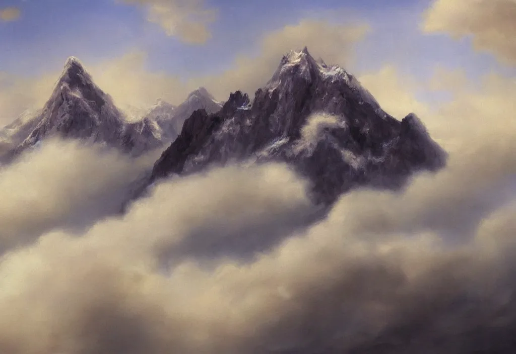 Prompt: fantasy painting of a mountain reaching above the clouds, highly detailed,