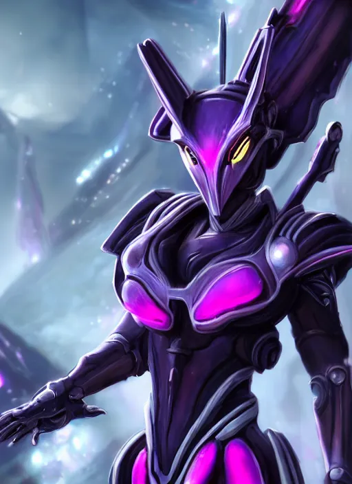 Prompt: cinematic close shot, galactic sized proportional stunning beautiful hot female warframe, sleek mecha goddess dragon head, metal ears, led purple eyes, smooth fuschia skin, smooth silver armor, floating in space, holding a galaxy, epic proportions, epic size, epic detail, furry art, dragon art, giantess art, warframe fanart, furaffinity, octane