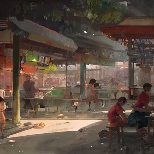 Prompt: concept art a singaporean neighborhood hawker centre, by greg rutkowski