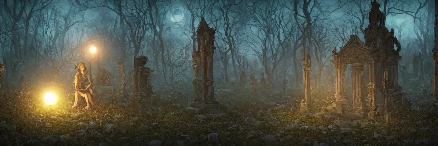 Image similar to an ultra detailed animation of a glowing apparition in a graveyard at midnight on halloween, tattoo on shohulder, digital art, dark fantasy, concept art, soulslike, by alphonse mucha, blood moon eclipse, ruined building in the background, artstation, 8 k, unreal engine render