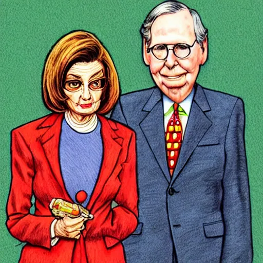 Image similar to The Artwork of R. Crumb and his Cheap Suit Mitch McConnell and Nancy Pelosi, pencil and colored marker artwork, trailer-trash lifestyle