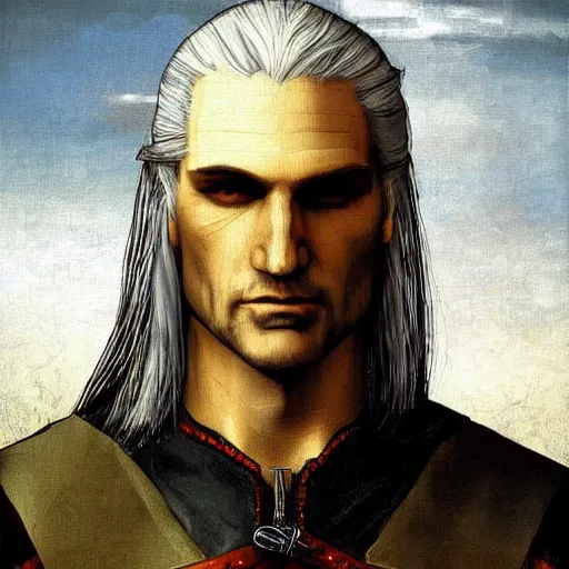 Prompt: Geralt of Rivia, Portrait, Paiting, in the style LeonardoDaVinci,