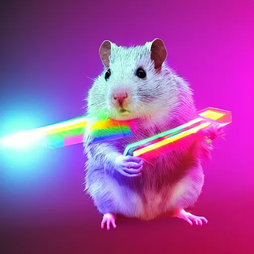 Image similar to cyberpunk hamster! holding rainbow! gem! crystal, neon lights, light reflection, logo, 8 k, hd