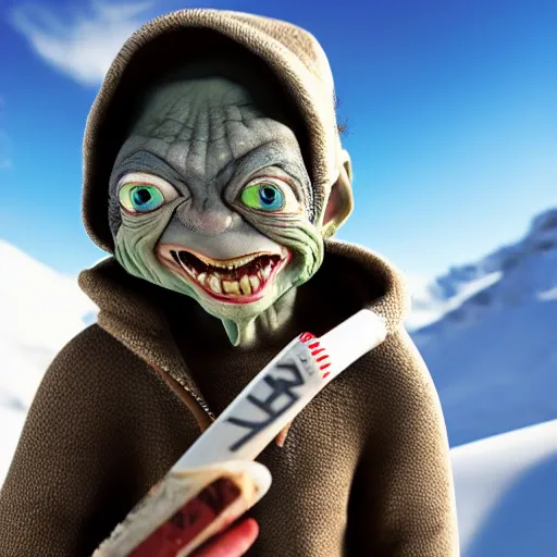 Prompt: Gollum on snowboard with cigarette in mouth, ultra realistic, 8k , beautiful eyes, high detailed