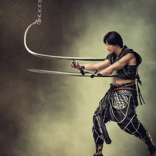 Image similar to male ninja swinging kusarigama ,Grim fantasy, D&D, HDR, natural light, dynamic pose, award winning photograph, Mucha style, 8k,