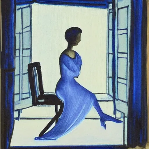 Prompt: A kinetic sculpture of a beautiful young woman seated at a window, looking out at the viewer with a serene expression on her face. The light from the window illuminates her features & creates a warm, inviting atmosphere. The essence of beauty and tranquility. dark blue by George Ault delicate, ghostly