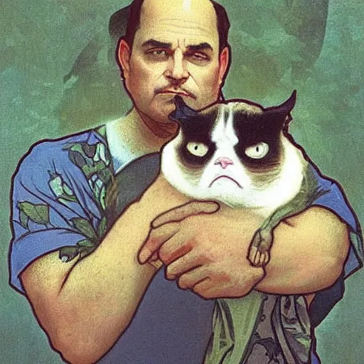 Prompt: “ george costanza holding grumpy cat, sitting on velvet couch, very detailed, by alphonse mucha ”