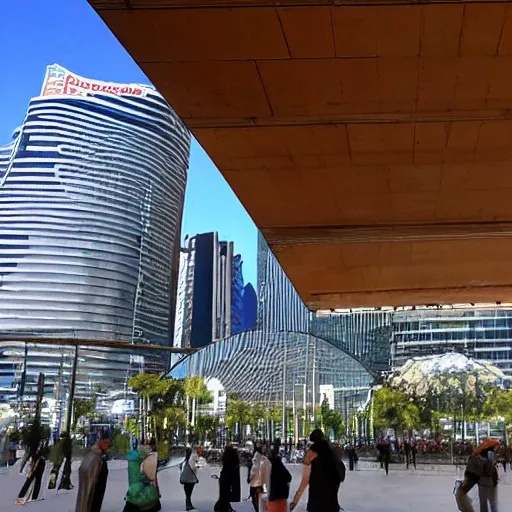 Prompt: pintura de Santiago de chile, costanera center pintado al estilo de Ximena Armas