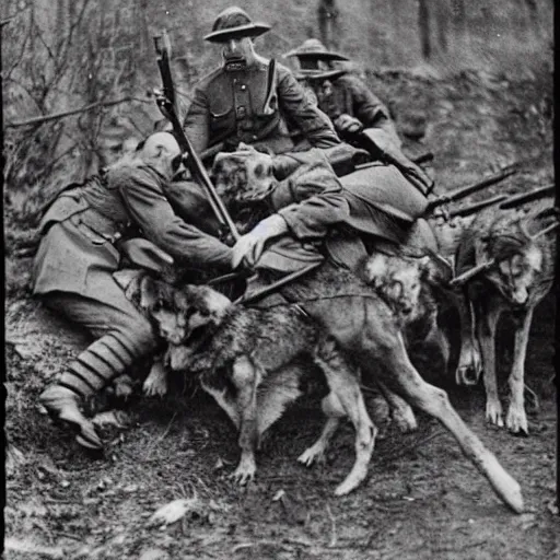 Prompt: WW1 trench with wolves attacking injured soldiers 1900s, horror photography