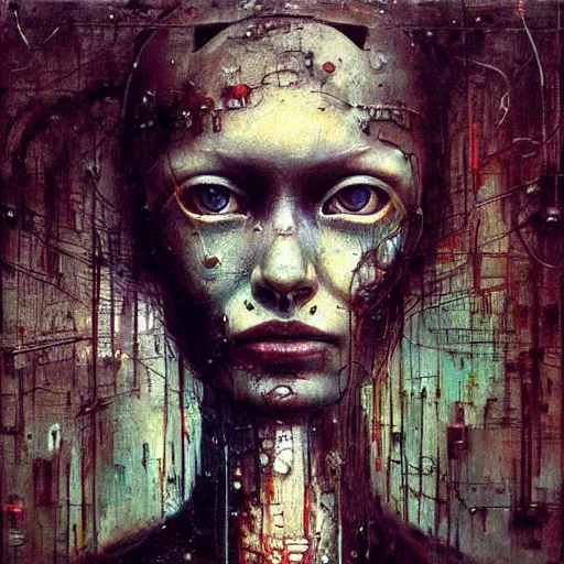 Prompt: human 3 d by beksinski, beautiful woman head made of mech mask rendered in unreal engine, cyberpunk, dark, scifi, painted by david burliuk | bernard buffet | carne griffiths | stanislaw lem