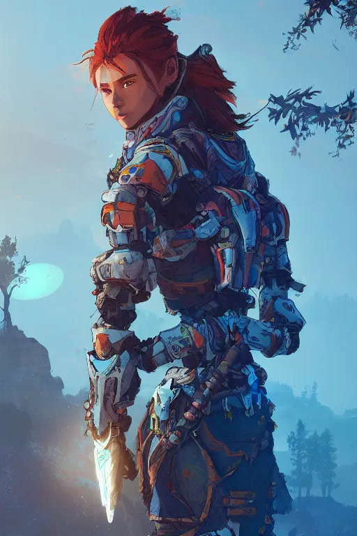 Image similar to combination suit armor aloy horizon forbidden west horizon zero dawn radiating a glowing aura global illumination ray tracing hdr fanart arstation by ian pesty and alena aenami artworks in 4 k tribal robot ninja mask helmet backpack