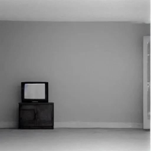 Image similar to Photograph of an empty room with a TV playing static at night, dusty, wood cabinets, extremely dark room, pitch black, sleep paralysis demon in corner, taken using a film camera with 35mm expired film, bright camera flash enabled, slightly foggy, award winning photograph, creepy, liminal space