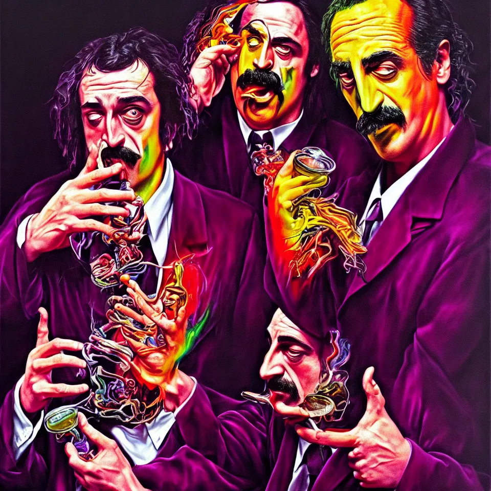 Image similar to bright psychedelic mike patton eating frank zappa who is puking hitler, diffuse lighting, fantasy, intricate, elegant, highly detailed, lifelike, photorealistic, digital painting, artstation, illustration, concept art, smooth, sharp focus, art by francis bacon