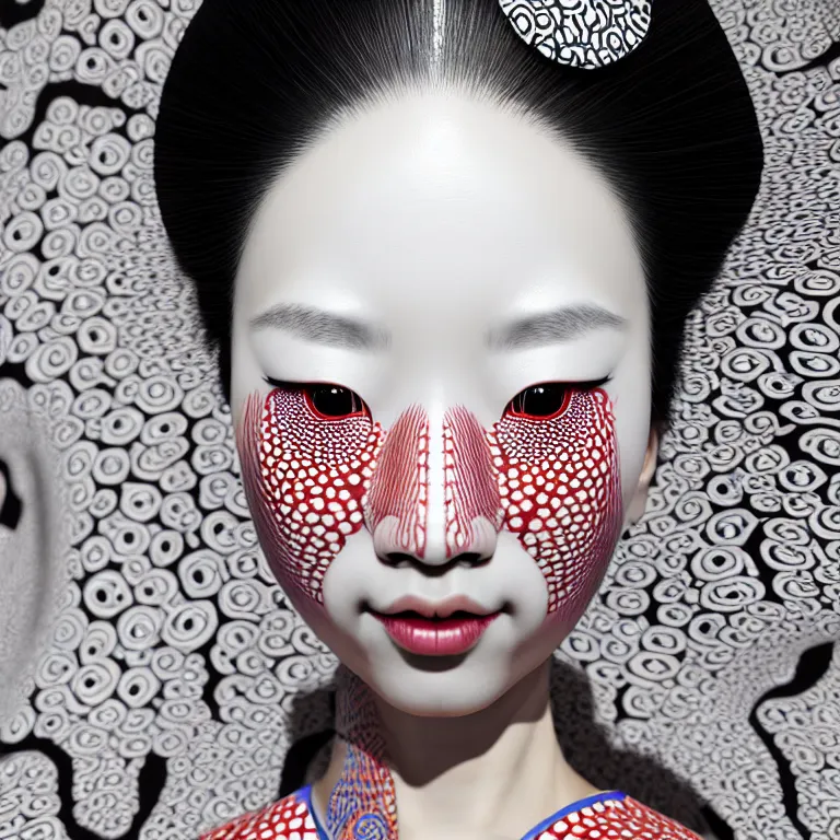 Image similar to hyperrealistic detailed image of a geisha in a art installation room, hd smooth interior by yayoi kusama, part by kei mieno, part by ross tran, dark art by james jean, ultra realistic, highly detailed, life like face, detailed body, 8 k, 3 d render by roger magrini, masterpiece