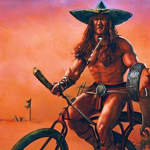 Prompt: conan the barbarian on a bicycle smoking a pipe in a sombrero, photorealistic