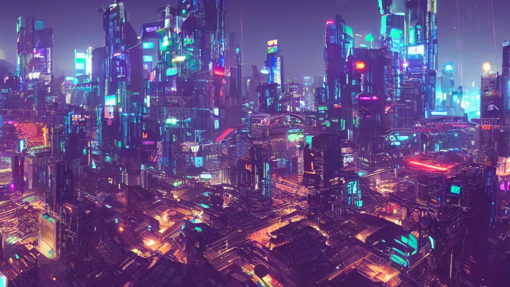 Image similar to cyberpunk city built in the sky, nighttime, fluorescent led, made in blender, octane render, cinematic, volumetric lighting, futuristic,, hyperrealistic, highly detailed, colourful 4 k hd