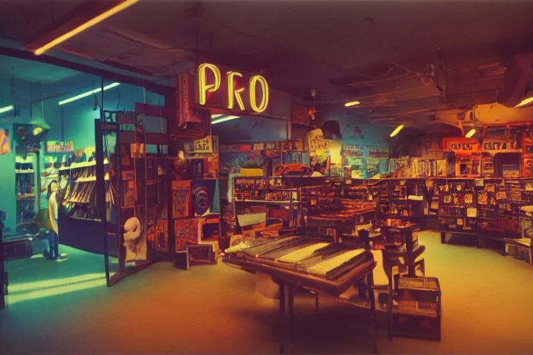 Image similar to a dinosaur shopping, inside of a 1970s music store store, neon lights, dirty, ektachrome photograph, volumetric lighting, f8 aperture, cinematic Eastman 5384 film