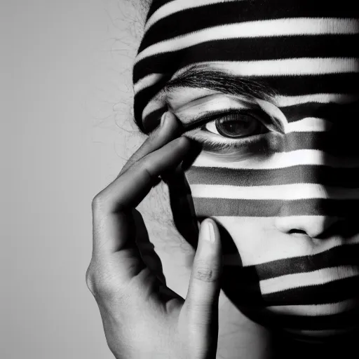 Prompt: black and white photography of a face and hands pushing outward from behind a high contrast black and white striped thin sheet