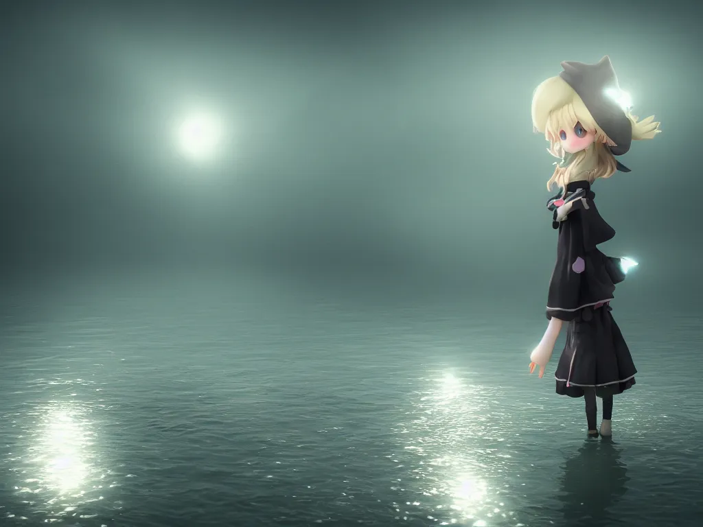 Prompt: cute fumo plush girl witch standing in reflective murky river water, volumetric fog and smoke, light shafts shining through the dusky light, moonglow, lens flare, chibi anime, vray