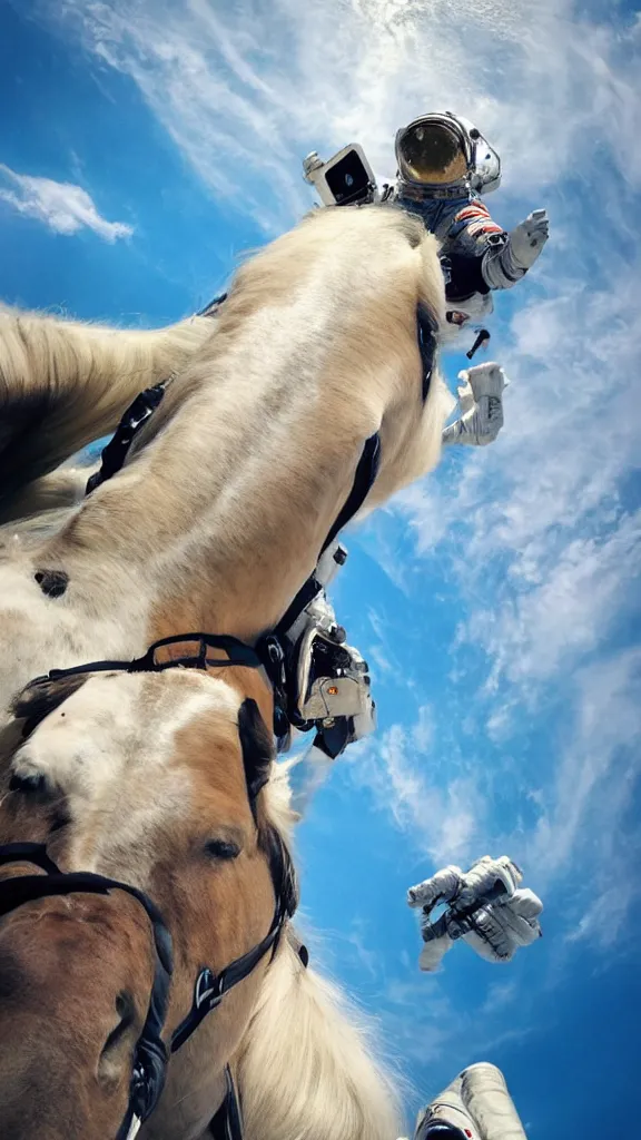 Prompt: astronaut takes a selfie, horse behind his back, a horse in the background, a horse riding an astronaut, no gravity, a horse on the back of an astronaut, small horse, huge astronaut, cinematic, fantasy, low angle, from below