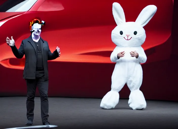 Image similar to elon musk presenting the new tesla wearing a bunny costume, award winning photo