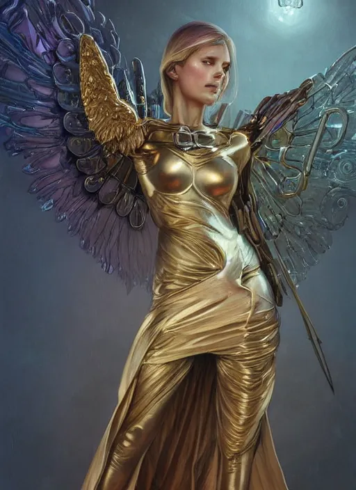 Image similar to Cybernetic angel, fantasy, extremely detailed, digital painting, artstation, concept art, smooth, sharp focus, illustration, stunning lighting, art by artgerm and greg rutkowski and alphonse mucha and simon stalenhag, realistic character concept, high fantasy, dark atmosphere, golden ratio, cinematic lighting, hyperdetailed, high resolution, insanely detailed and intricate, artstation, Marc Simonetti, Greg Rutkowski, 8k