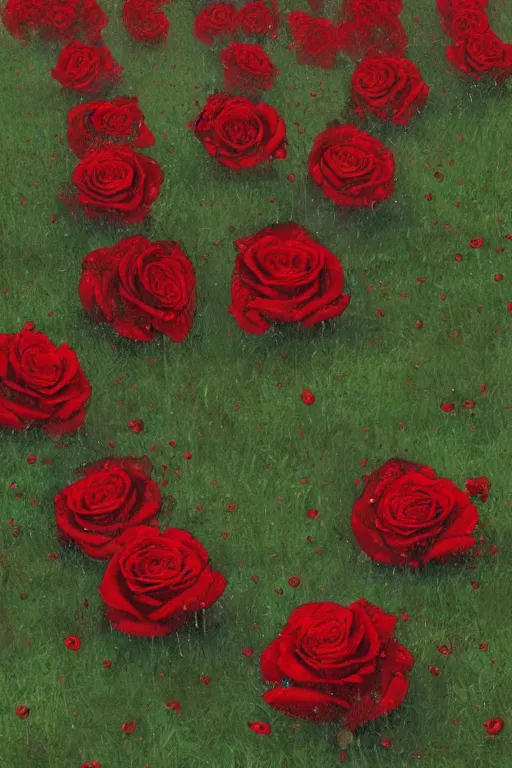 Prompt: beautiful red and black roses on the grassy ground in the rain by greg rutkowski