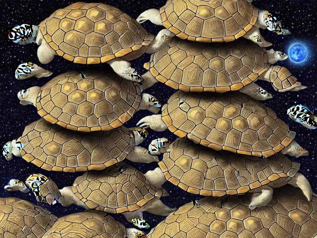 Prompt: portrait of a stack of celestial turtles with the flat earth on the back of the top one, white and gold scales, fantasy, intricate, highly detailed, digital painting, artstation, concept art, smooth and sharp focus