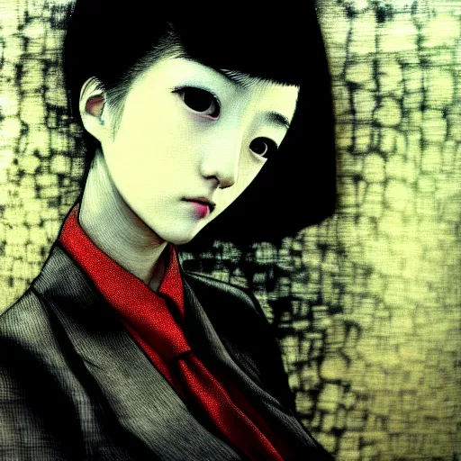 Prompt: yoshitaka amano blurred and dreamy realistic three quarter angle portrait of a young woman with short hair and black eyes wearing dress suit with tie, black and white junji ito abstract patterns in the background, satoshi kon anime, noisy film grain effect, highly detailed, renaissance oil painting, weird portrait angle, blurred lost edges