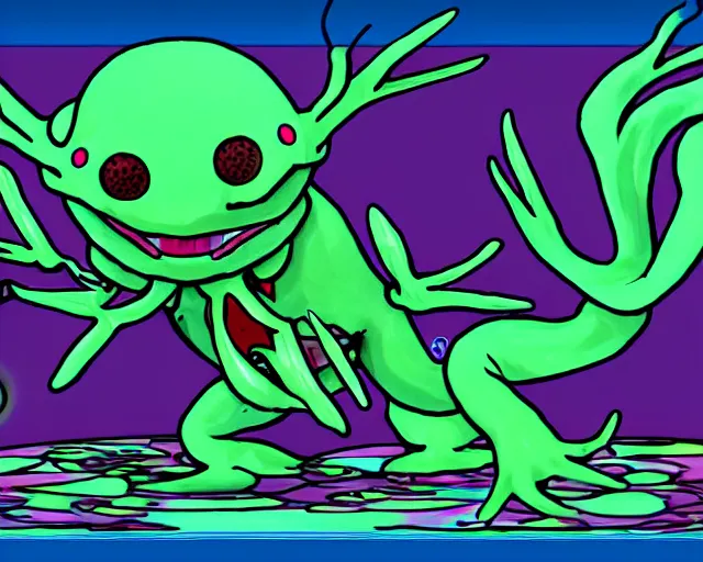 Prompt: axolotl themed final boss, rendered on a playstation 1