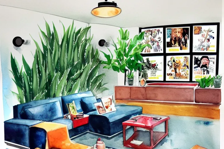 Image similar to very wide angle view, a modern home movie theater with big screen, stylish wall sconces, old popcorn machine!, movie posters on the wall!, plants very happy and cozy, interior designed by kelly wearstler, rough watercolor painting