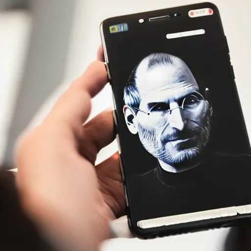 Image similar to steve jobs holding up a samsung phone, xf iq 4, f / 1. 4, iso 2 0 0, 1 / 1 6 0 s, 8 k, raw, unedited, symmetrical balance, in - frame, sharpened