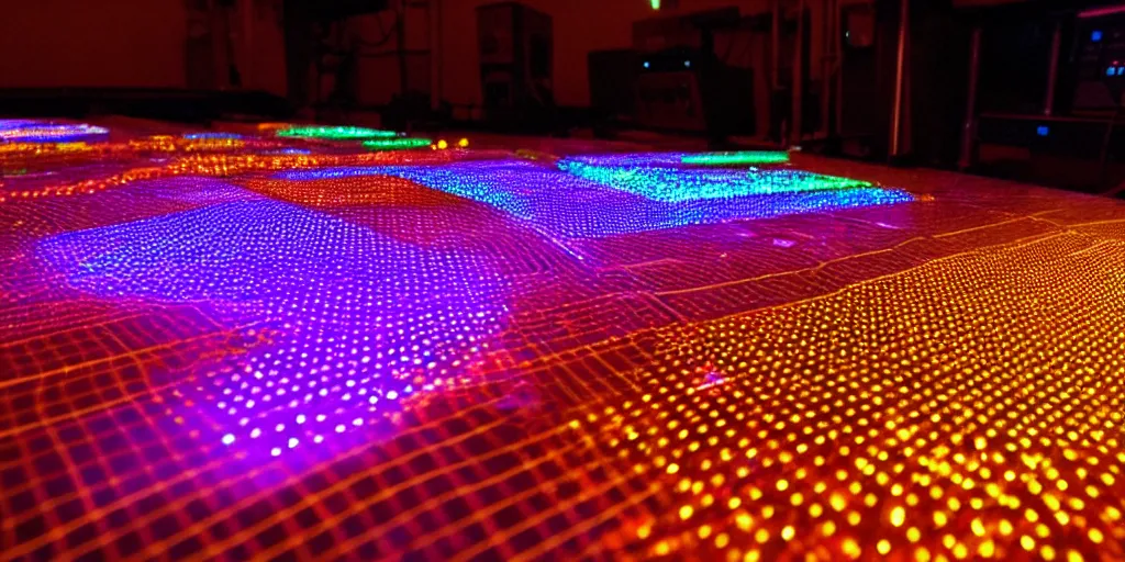 Prompt: 9-track machines made of digital grids and glowing stones with embedded LEDs. amber glowing screens.