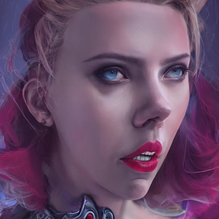 Prompt: portrait of scarlett johansson as a harley quinn. intricate abstract. intricate artwork. by Tooth Wu, wlop, beeple, dan mumford. octane render, trending on artstation, greg rutkowski very coherent symmetrical artwork. cinematic, hyper realism, high detail, octane render, 8k, iridescent accents