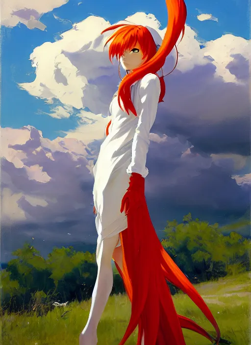 Prompt: Greg Manchess painting of Asuka Langley Soryu in a casual white dress out with the dogs, EVA unit-00 in the back, countryside, fantasy character portrait, dynamic pose, above view, sunny day, thunder clouds in the sky, artwork by Jeremy Lipkin and Giuseppe Dangelico Pino and Michael Garmash and Rob Rey, very coherent asymmetrical artwork, sharp edges, perfect face, simple form, wacky, 100mm