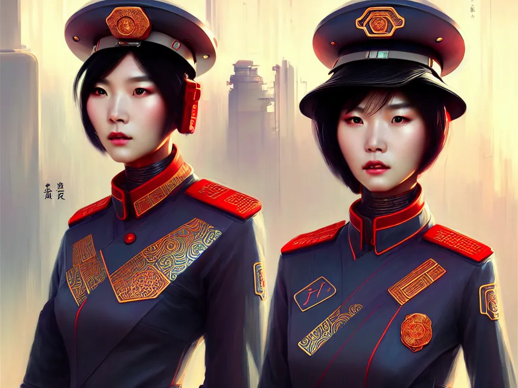 Image similar to portrait futuristic china police uniform female, at future neon light rooftop, ssci - fi and fantasy, intricate and very very beautiful and elegant, highly detailed, digital painting, artstation, concept art, smooth and sharp focus, illustration, art by tan zi and ayanamikodon and alphonse mucha and wlop