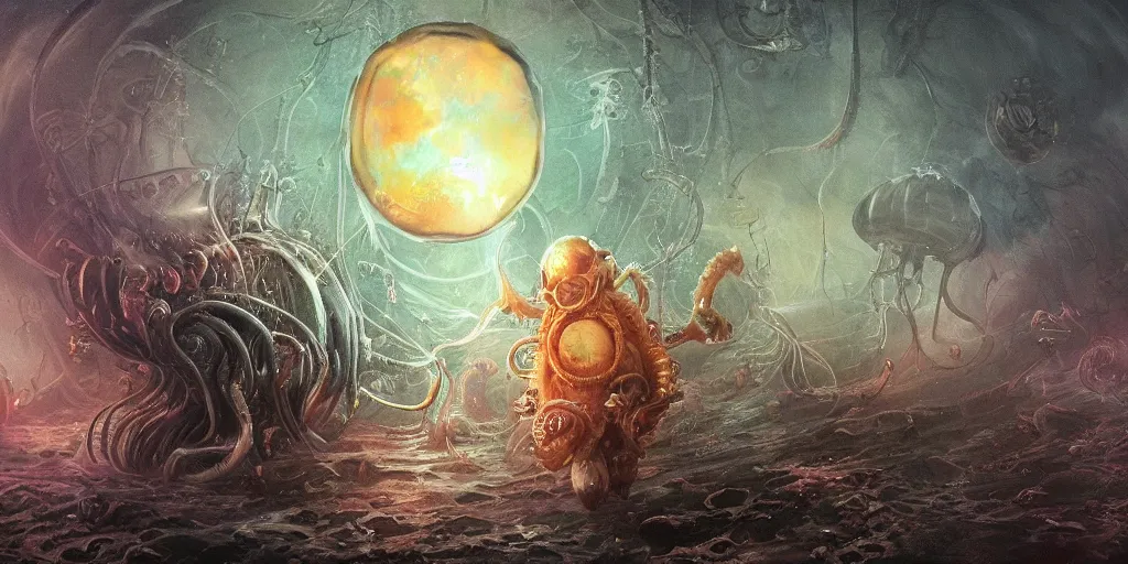 Prompt: concept art of giant translucent glowing jellyfishes, lovecraftian divers helmet, lots of teeth, melting horror, round moon, rich clouds, fighting the horrors of the unknown, mirrors, very detailed, volumetric light, mist, grim, fine art, decaying, textured oil over canvas, epic fantasy art, very colorful, ornate, anato finnstark