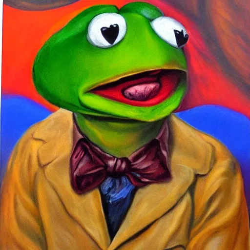 Image similar to portrait of kermit the frog with salvadore dali mustache, expressive oil painting